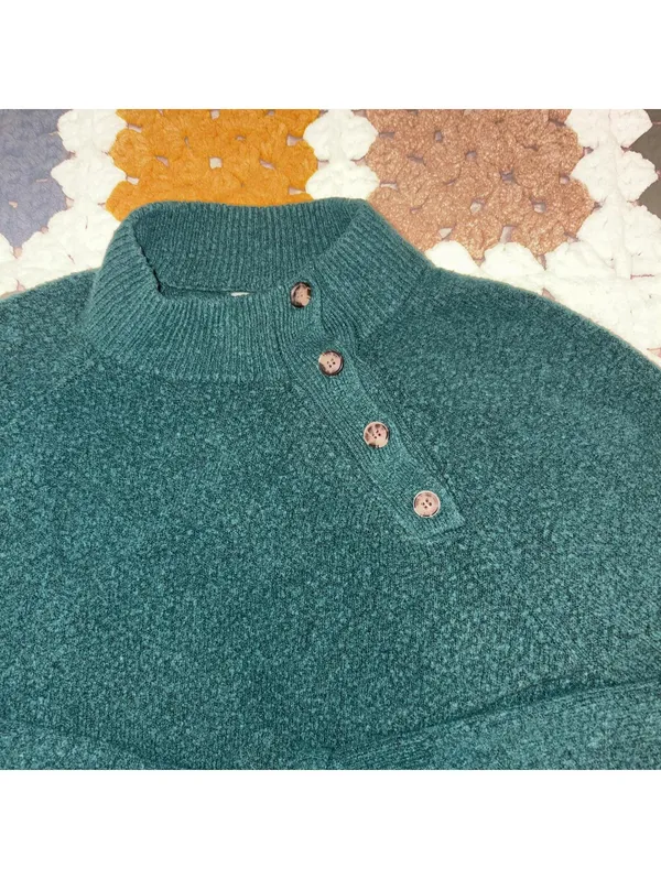 J.Crew Merino Wool Blend Women's XS Green Buttoned Mock Neck Sweater Cozy Casual - Image 2