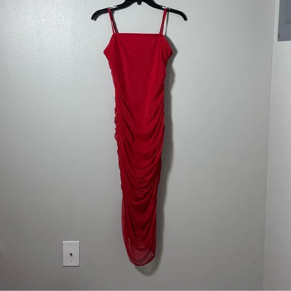 Wild Fable Women Elegant Red Spaghetti‎ Strap Dress Ruched Mesh Dress Sheer M - Image 2