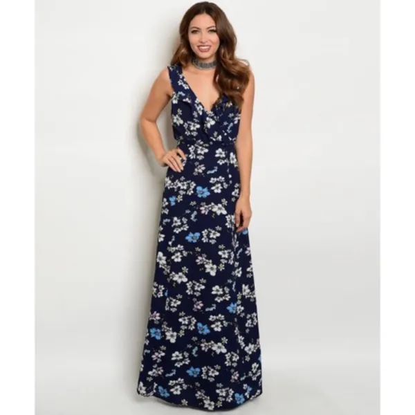 Navy with Ruffles Flowers Maxi Dress - Image 3