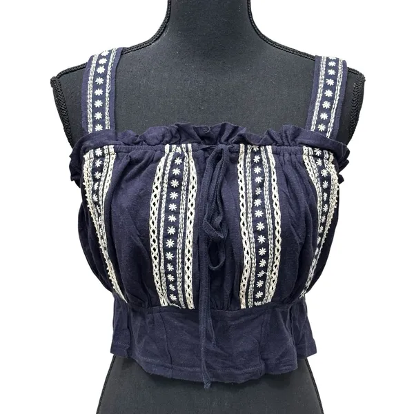 Free People Hill Top Crop Tank Size Large Blue Embroidered Boho Festival - Image 2