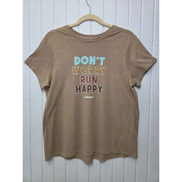 Brooks Distance Graphic Short Sleeve Shirt Heather‎ Oatmeal Run Happy. Size L - Image 2
