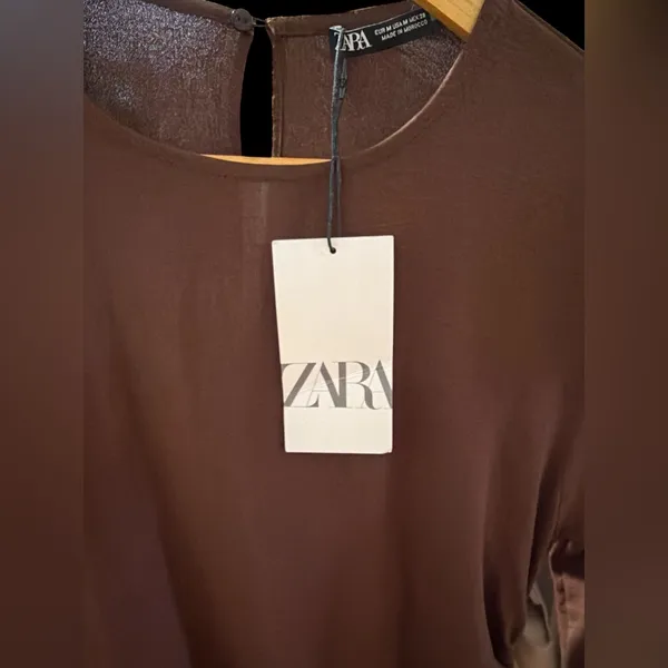 Zara Brown Ruched long sleeve midi dress size‎ M - Image 3