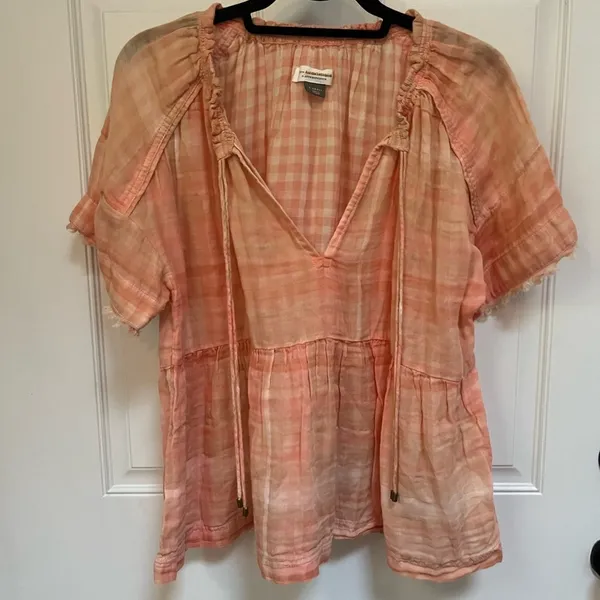 Anthropologie Pilcro‎ peach Plaid Top With Raw Edge babydoll | Size XS - Image 2
