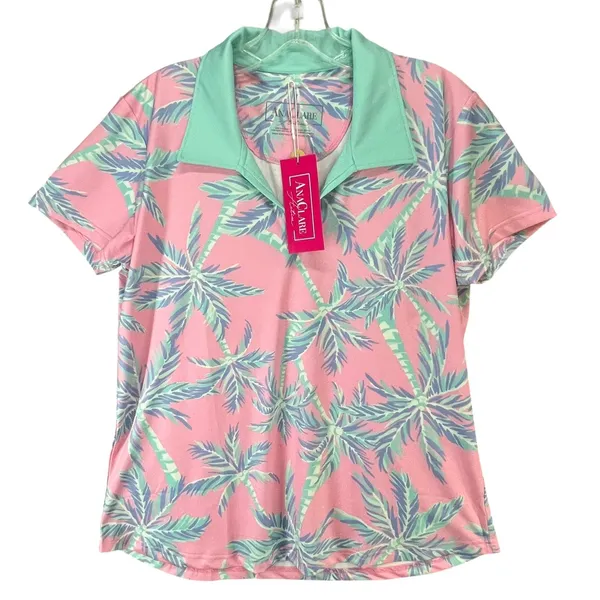Ana Clare Active Mer Top Pink Paradise Palm Print UPF 50 Golf Polo Shirt‎ Size L - Image 2