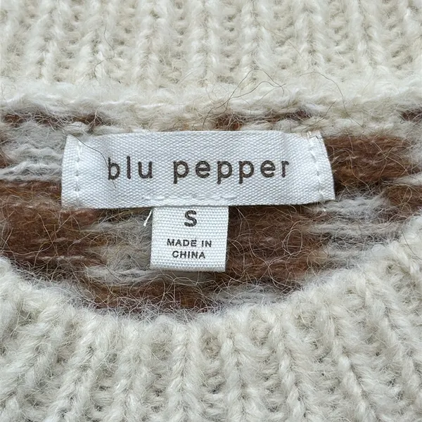 NWOT Blu Pepper Cream & Brown Checkerboard & Striped Sweater Sz S Puffed Sleeve - Image 8