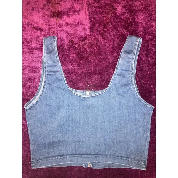 IRIS Chambray Stretch Denim Zipper Crop Top Size Medium M Juniors - Image 2