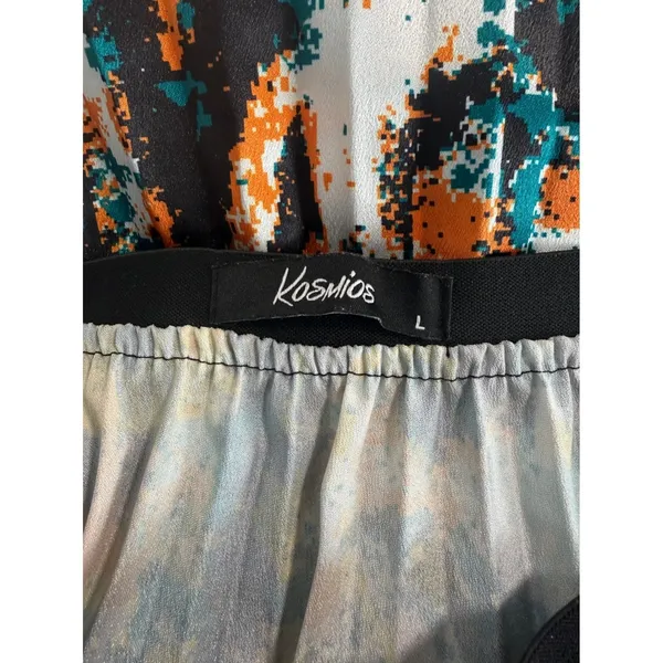 Kosmios Women Teal Orange Abstract Digital Print Pleated Midi Skirt TC5226 Large - Image 8