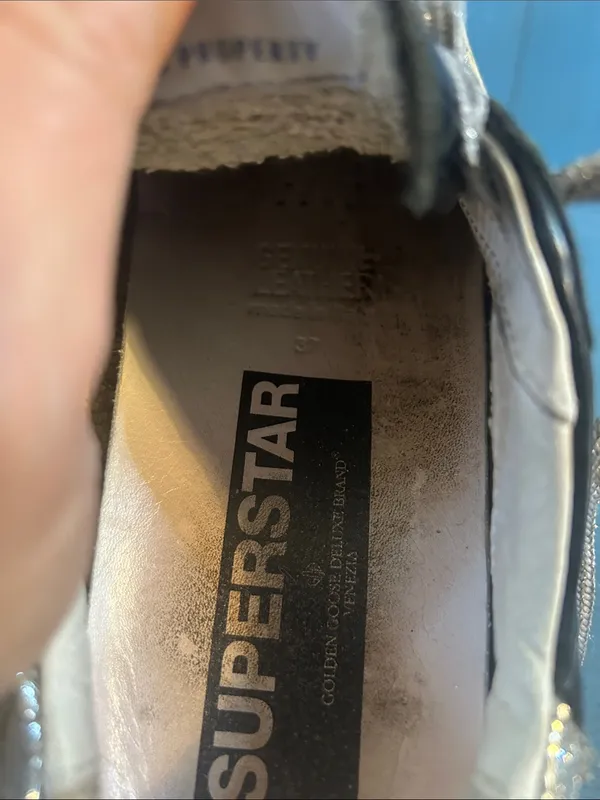 Golden Goose Black Leather Sneakers with Silver Glitter Panels | Size 37 US 7 - Image 15