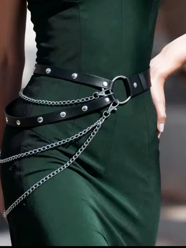 Black Studded Leather Chain Waist Belt - Women Accessories - Image 2