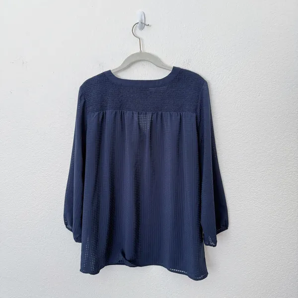 [Ann Taylor] Navy Blue V-Neck Chiffon Blouse 3/4 Length Sleeves Work Sz Large L - Image 2