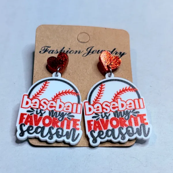 Baseball Favorite Season Earrings‎ Women OS Red White Glitter Heart Drop New - Image 4