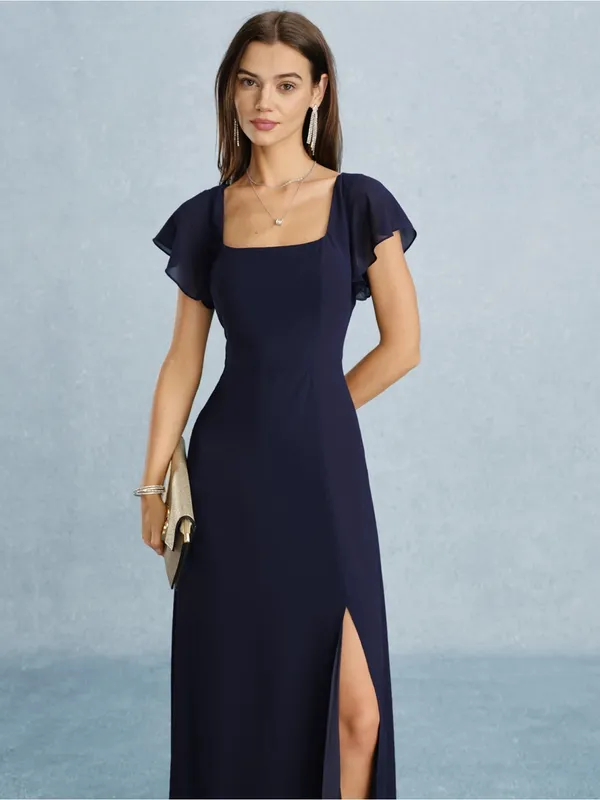 Rihoas Navy Square Neck Slit Chiffon Maxi Dress - Image 3