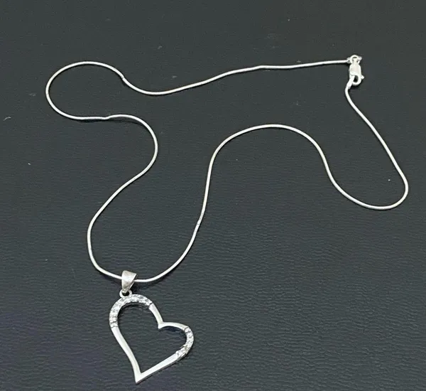 Vintage Signed 925 Italy Sterling Silver Open Heart CZ Pendant Necklace 6.4g - Image 5