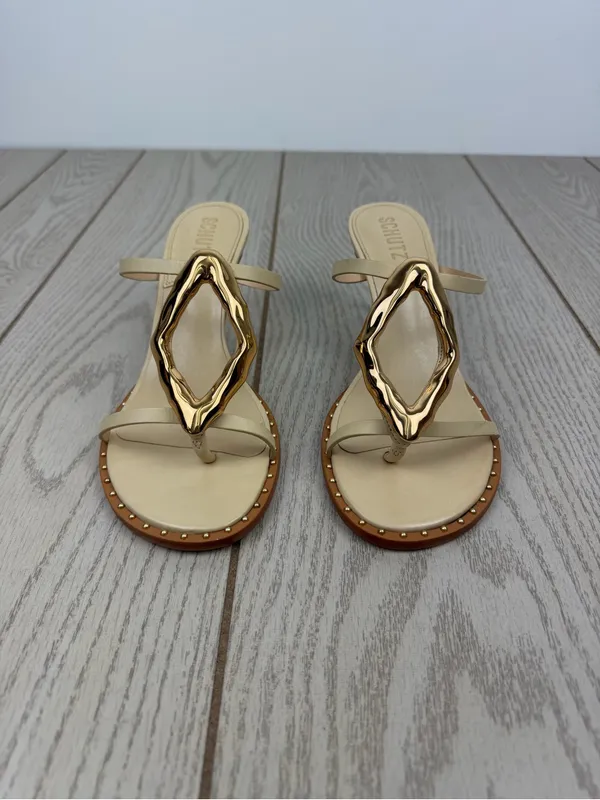 Schutz Women's Amarilis Stiletto Heel Leather Sandals 7B Natural & Gold $178 - Image 2