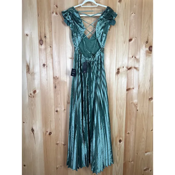 NWT Lulus Exceptional Drama Sage Green Satin Lace-Up Pleated Maxi Dress Bride L - Image 4
