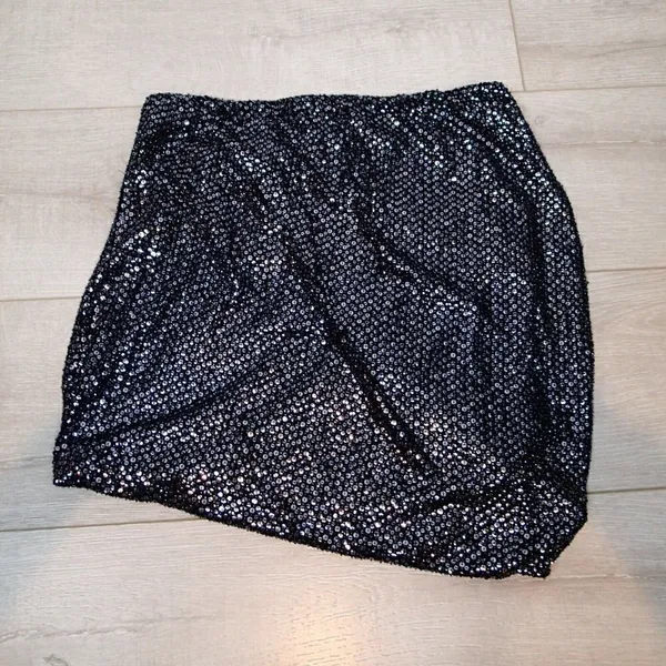 Theory Women's Size Small‎ Hailey W Skirt Black Sequin Asymmetrical Hem Pull On - Image 7