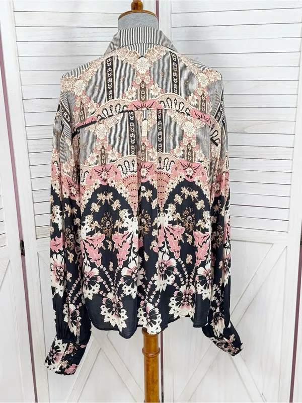 Free People Virgo Baby Floral Boho Oversized Button Up Shirt Black‎ Multi Medium - Image 6
