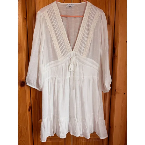 Baltic Born White Lace Trim V-Neck Tiered Mini Dress XL Boho Cottagecore - Image 3
