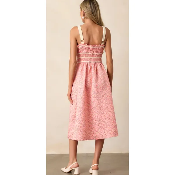 Entro Always A Romantic Coral Floral Jacquard Midi Dress Pockets Size Large‎ - Image 5