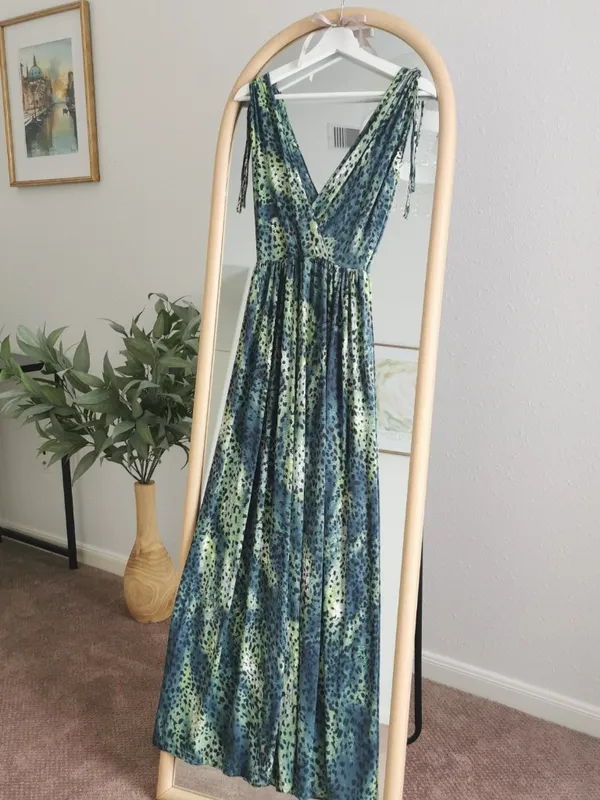 Zinzane Green Animal Print Maxi Dress Size S Deep V Tie Shoulder Resort - Image 6