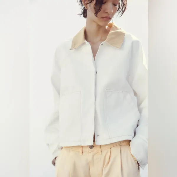 Zara Cream Zip-Up Cropped Jacket with Beige Collar - Image 4