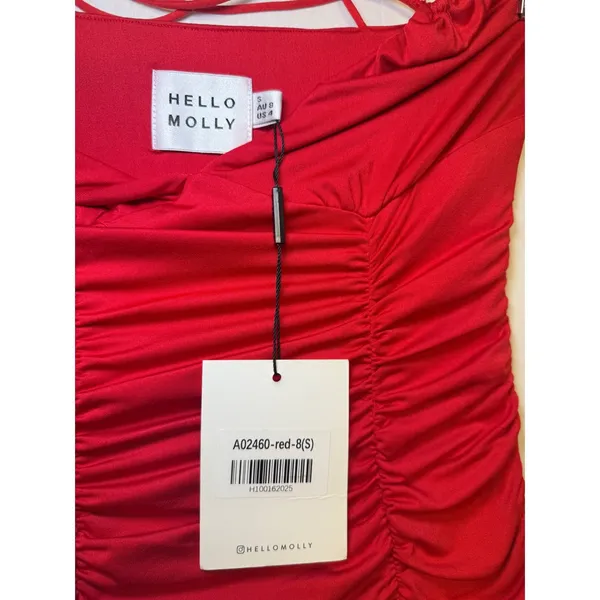 Hello Molly Red Ruched Mini Dress Bodycon V-Neck Strappy Cross Back A02460-red-8 - Image 2