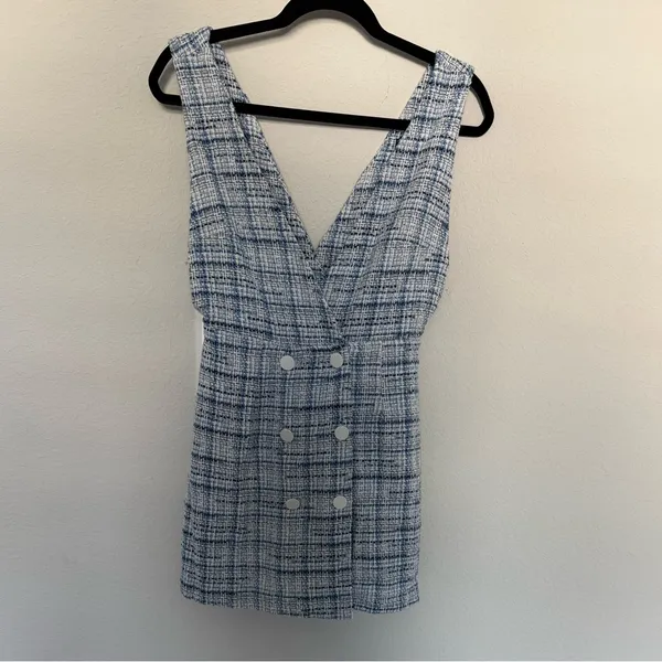 ZARA Blue and White Tweed Plaid Pinafore Mini Dress Medium Double Breasted - Image 8