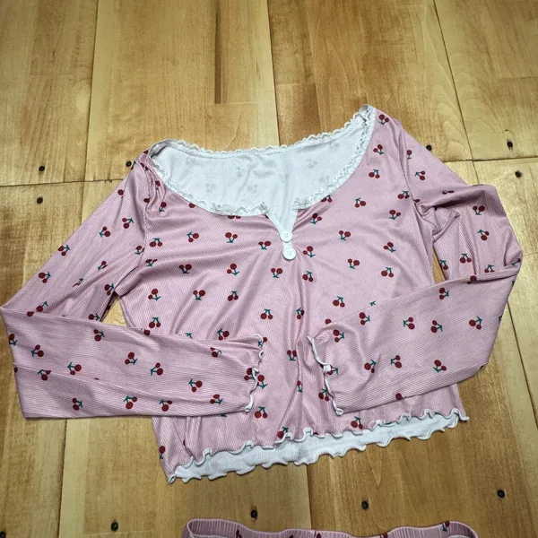 Pink Cherry Print Ribbed Pajama Set Lace Trim Lettuce Edge XL Loungewear - Image 4
