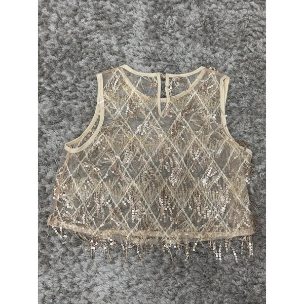 Women’s Sequin Fringe Crop Top Sheer Mesh Party Festival Shirt Approx Size S - Image 6