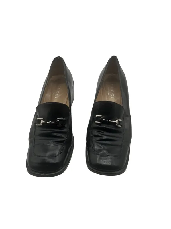 Gucci Size 9.5 Leather Block Heel Loafers Metal Buckle Details Black - Image 6