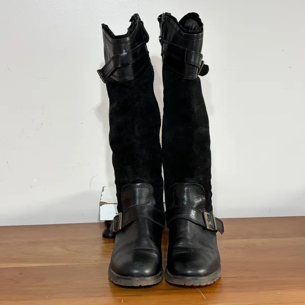 Fabianelli Black Leather Suede Tall Moto Boots Buckle Detail G186 Euro 37 - Image 6