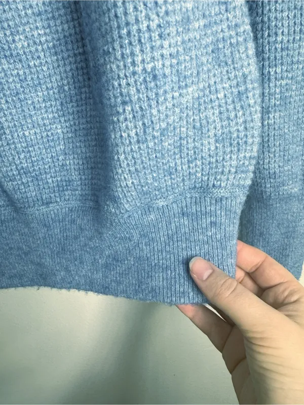 J. Crew Heathered Light Blue Waffle Knit Wool & Alpaca Blend Crew-neck Sweater S - Image 4