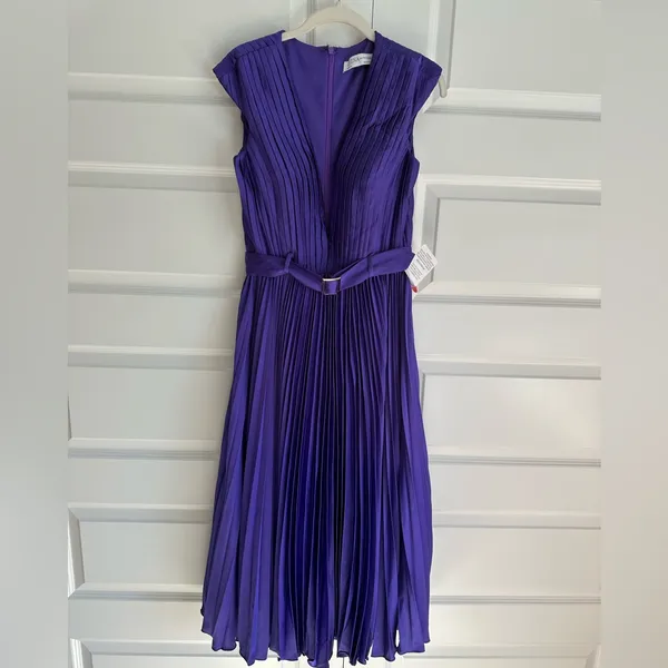 Mac Duggal 26483 Pleated Cap Sleeve Belted A Line Midi Dress- NwT‎ - Image 4