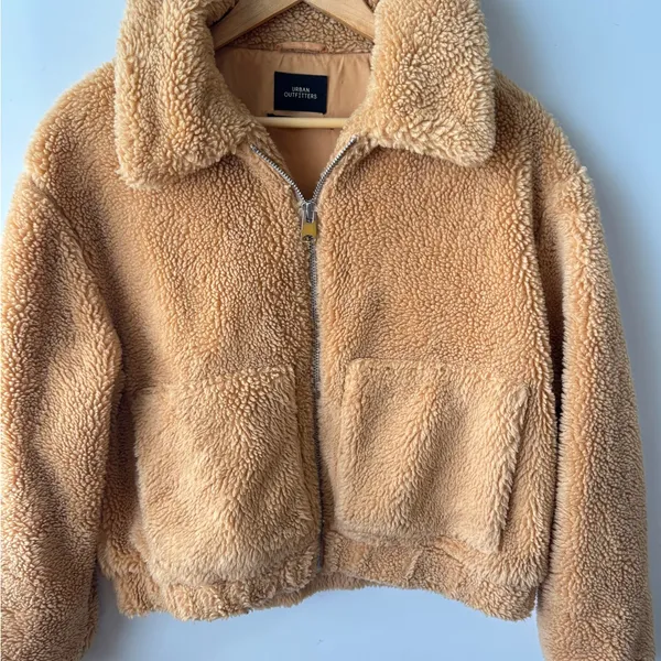 Urban Outfitters‎ Teddy Jacket Full Zip Up Cropped Beige Coat Size Medium - Image 6