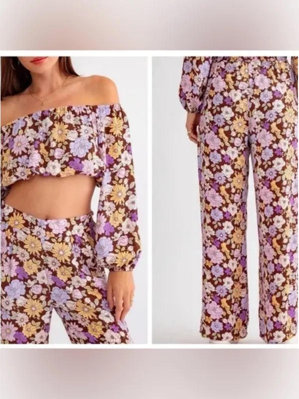 Le Lis Retro Floral Off-Shoulder Crop Top & Wide Leg Pants Two-Piece Set - Image 3