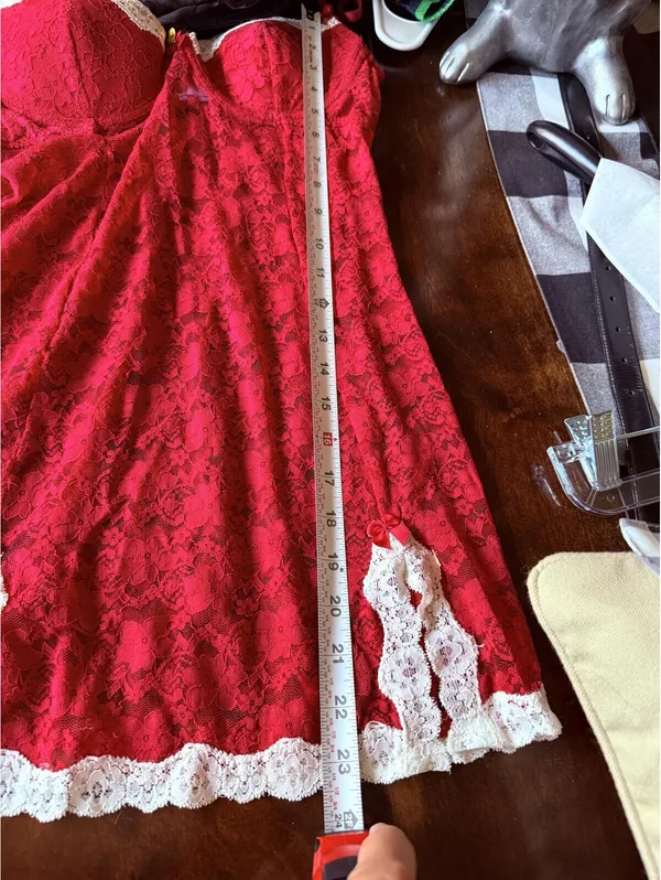 Red Lace Lingerie Dress with White Trim and Adjustable Straps - Image 7