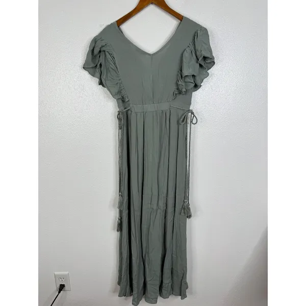 Baltic Born Jennifer Deep V Ruffle Maxi Dress Sage Green Boho Gown XS - Image 4