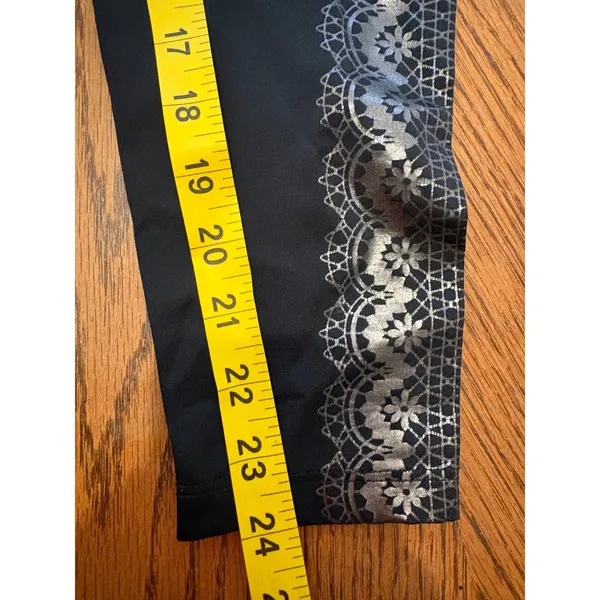 Beyond Yoga Leggings Women S Black Silver Metallic Foil Lace Print High Waist - Image 3