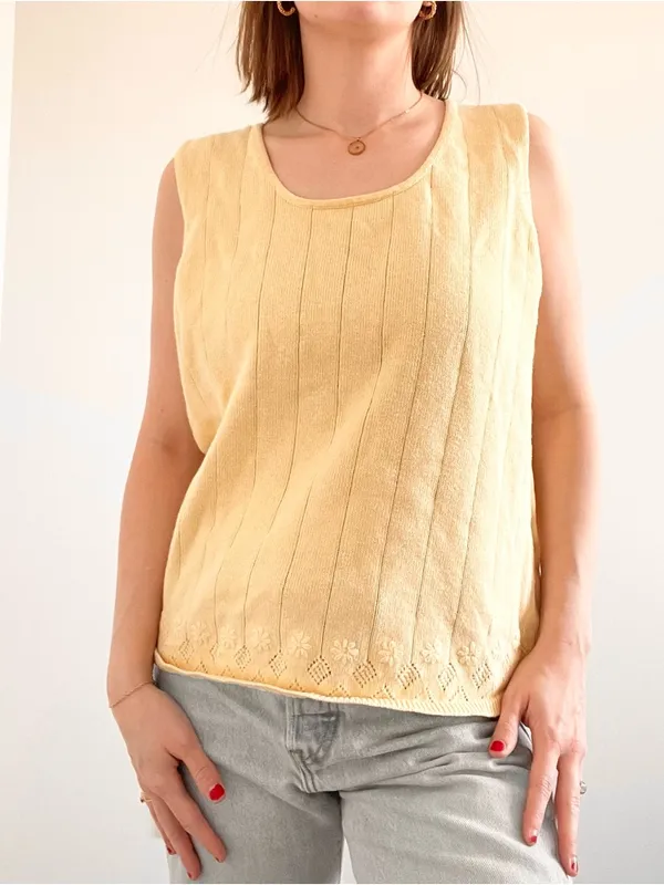 Vintage Butter Yellow Embroidered Flower Sleeveless Knit Top - Image 2