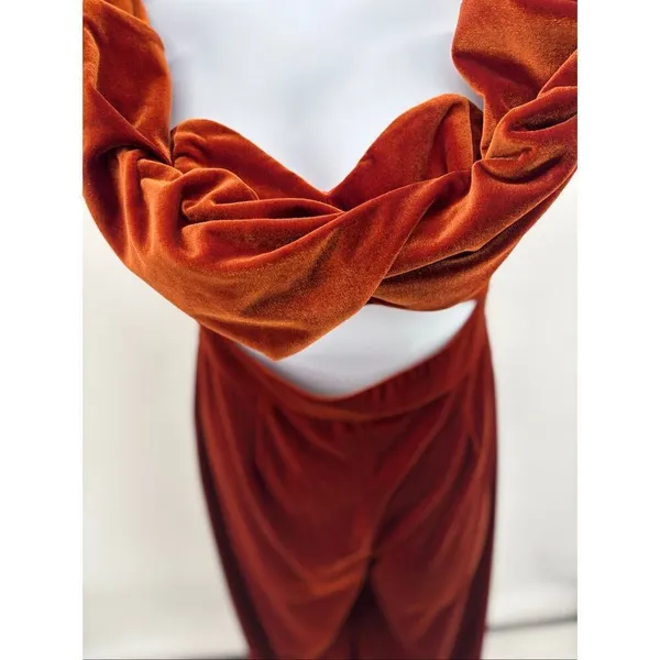ASOS Design Rust Velvet Off Shoulder Cutout Wide Leg Jumpsuit Size 10 - Image 6