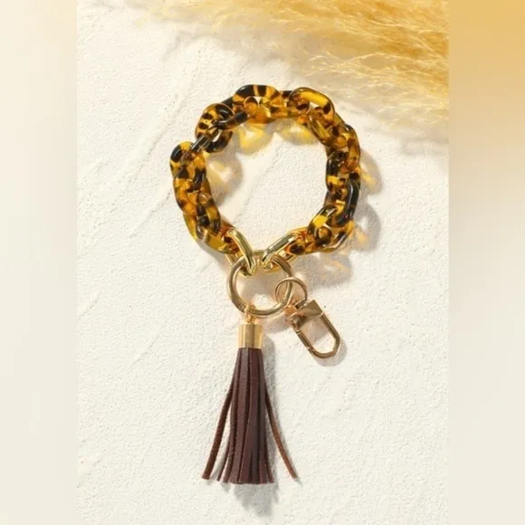 Tortoise Shell Acrylic Key Ring Bracelet Wristlet Tassel Brown Gold NWT - Image 5