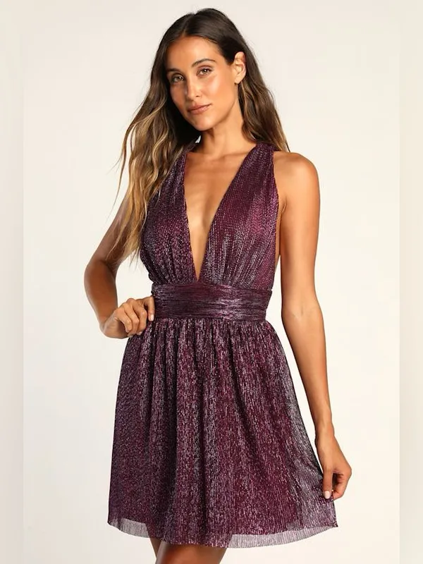 Lulu's Metallic Deep Plum Plunge Mini Dress size L - Image 2
