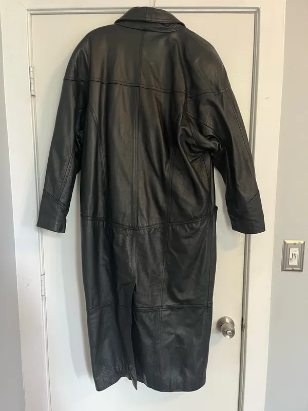 Wilson's Leather Vintage Black Long Leather Trench Coat jacket lined medium duster - Image 8