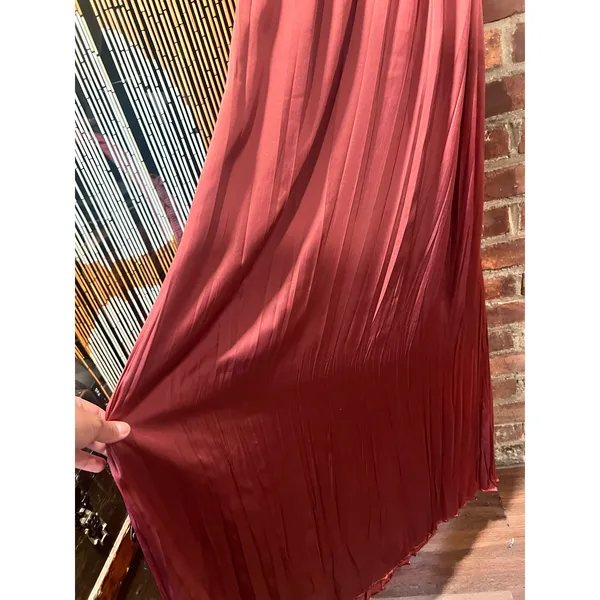 Zara Boho Rust Crinkle Satin Pleated Maxi Dress Cross Ladder Back Maroon Small - Image 4