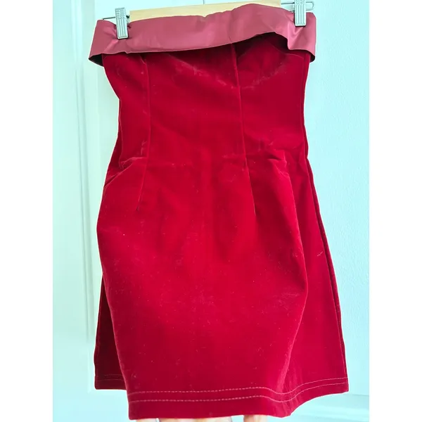Strapless Velvet‎ Mini Dress Womens Burgundy Excellent Satin Trim Bodycon Party - Image 5