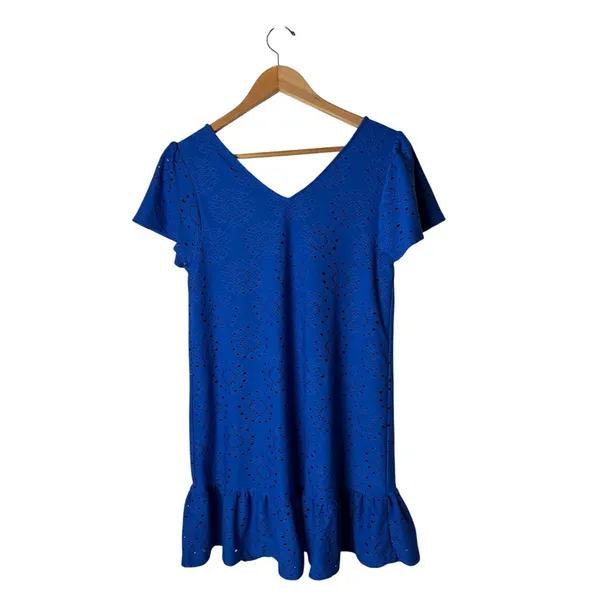 ModCloth Eyelet Dress Women Medium Blue Ruffle Hem V Neck Short Sleeve Mini - Image 3