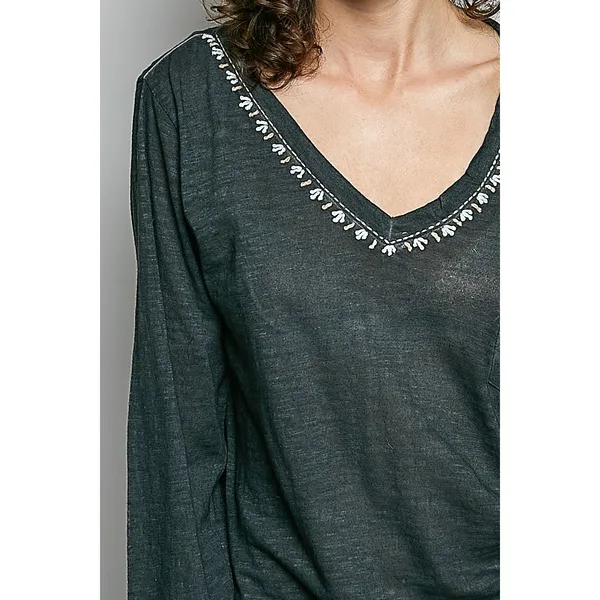 POL Contrast Stitch V-Neck Lightweight Knit Long Sleeve Top - Black - Large - Image 6