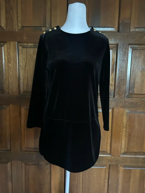 Lauren Ralph Lauren Black Velvet Tunic Top‎ Womens Small Gold Buttons Witchycore - Image 2