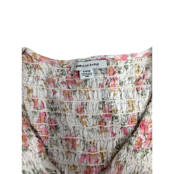 American‎ Eagle Floral Smocked Peplum Blouse White Pink Cottagecore Boho Small - Image 3