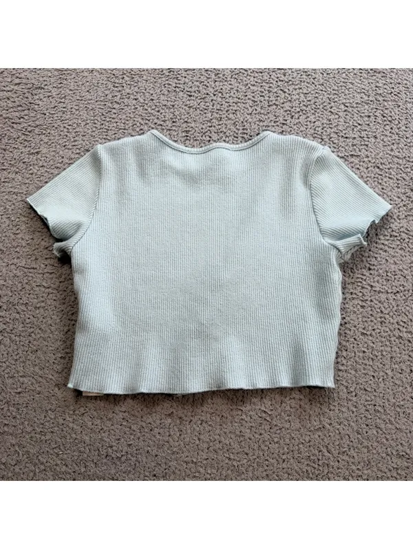 Bershka Women’s Light Blue Ribbed Asymmetrical Button Crop Top Baby - Image 3